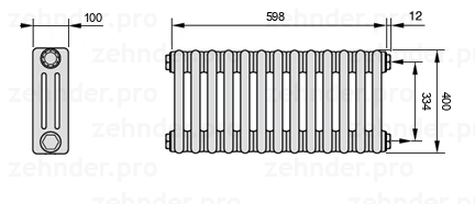Схема (чертеж) Радиатор Zehnder Charleston 3040/13 №7610 Белый глянцевый RAL 9016
